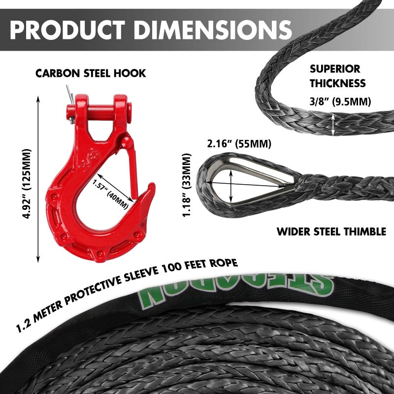 STEGODON Synthetic Winch Rope, 3/8" x100ft 23809LBS Dyneema Winch Rope 3/8 Heavy Duty Winch Cable with Protective Sleeve Forged Winch Hook for 4WD Off Road Vehicle Truck SUV (Black) - Image 3